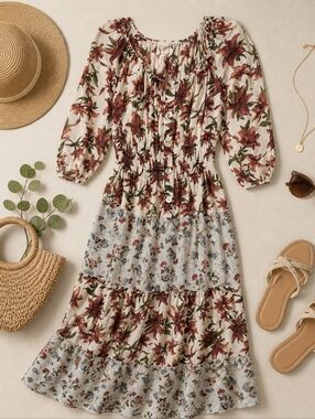 Fig And Flower NWOT 2 PIECE Floral Tiered Scarfy Maxi Dress. Ladies Large.